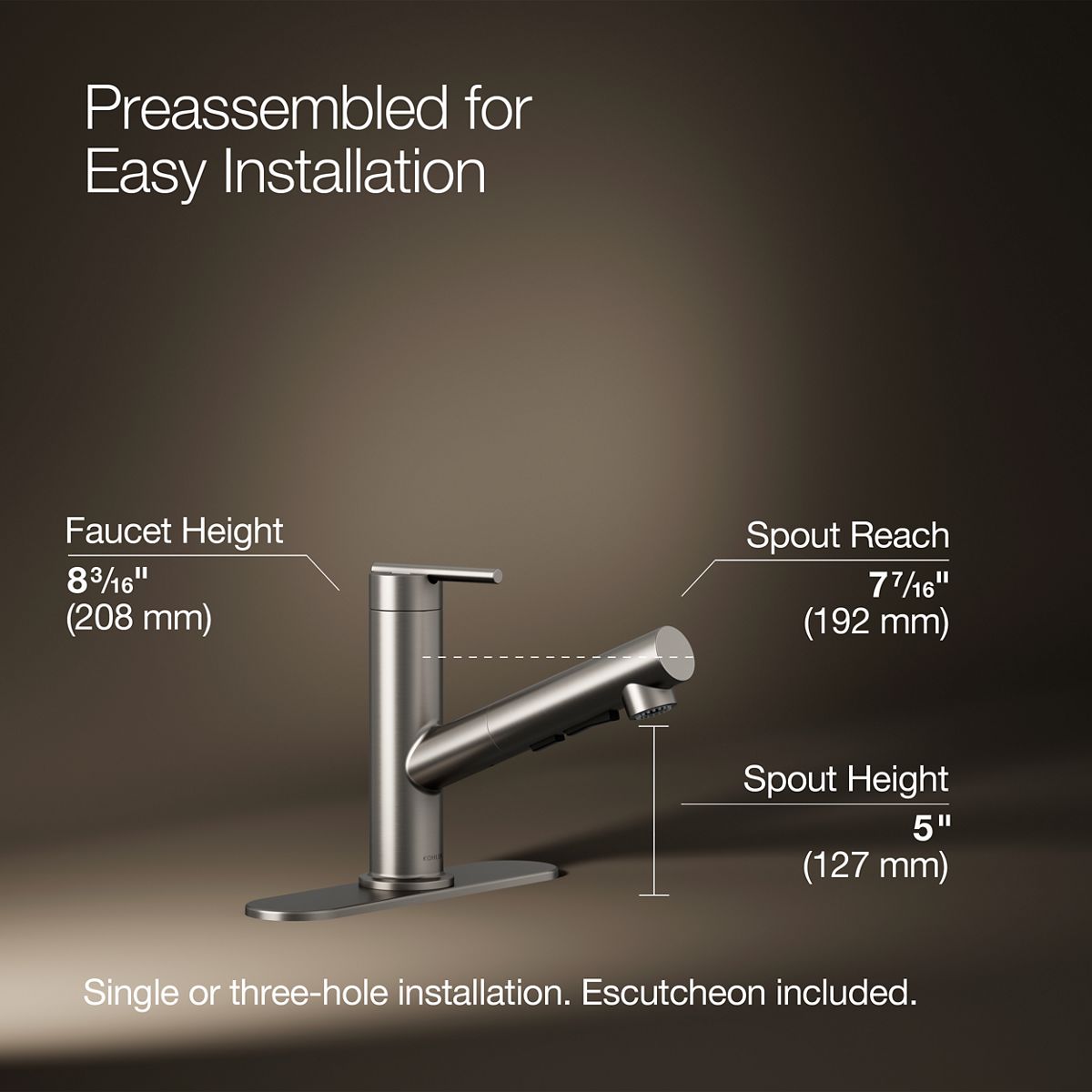 KOHLER K-22976 Crue Pull-out kitchen sink faucet with three-function sprayhead
