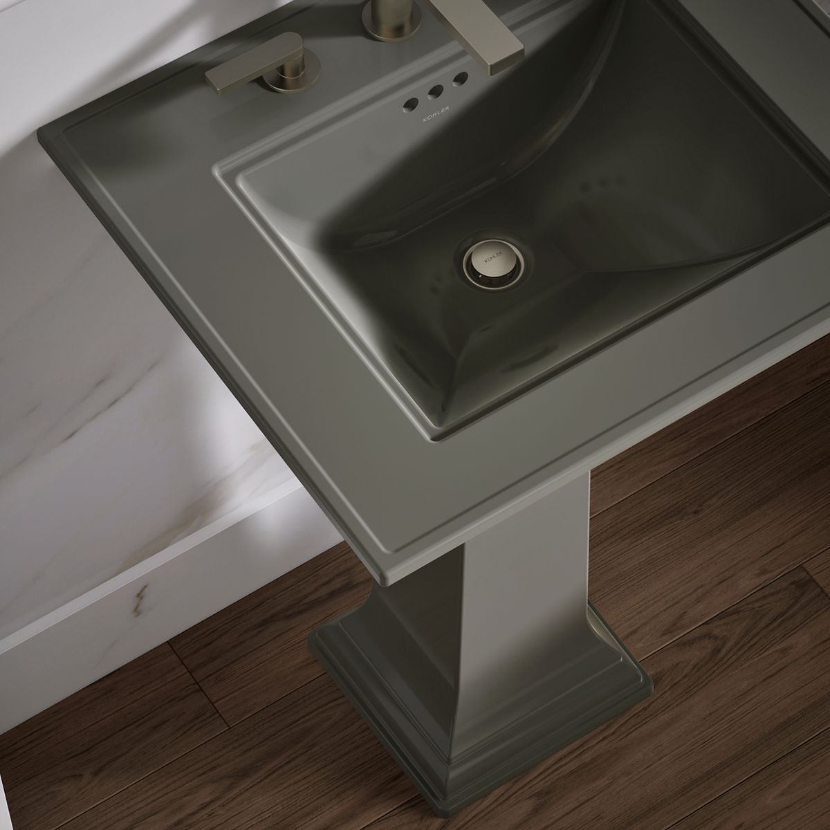 KOHLER K-2344-8 Memoirs Stately 25" Rectangular Pedestal Bathroom Sink, Thunder Grey - Shows close up detail of product in ro