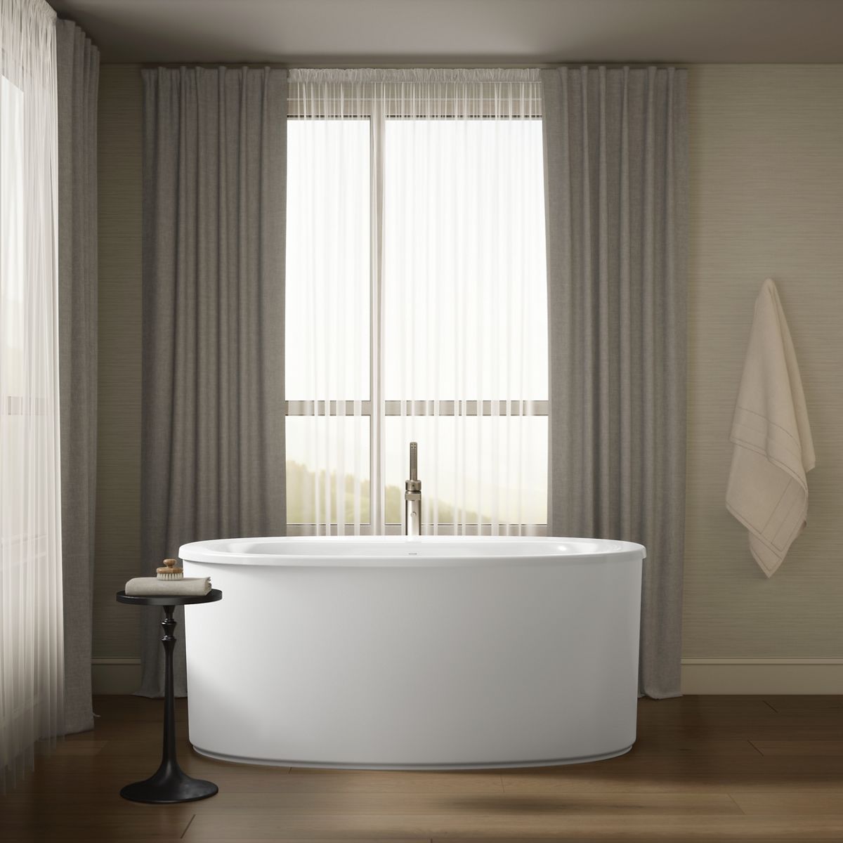KOHLER K-24001-W1 Sunstruck 60" x 34" freestanding bath with Bask heated surface and straight shroud