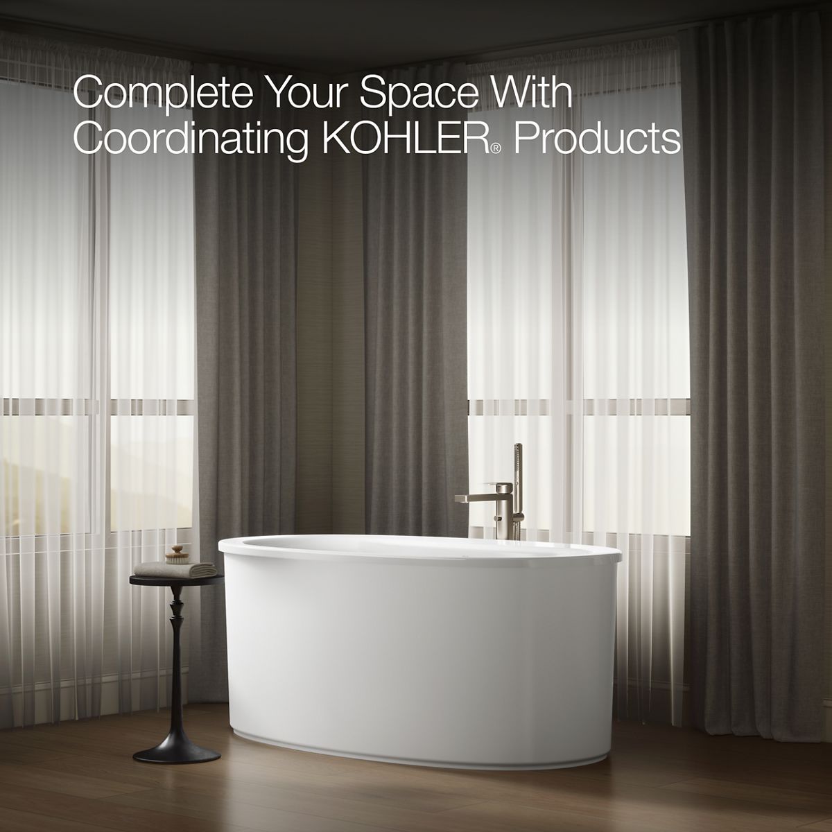 KOHLER K-24001-W1 Sunstruck 60" x 34" freestanding bath with Bask heated surface and straight shroud