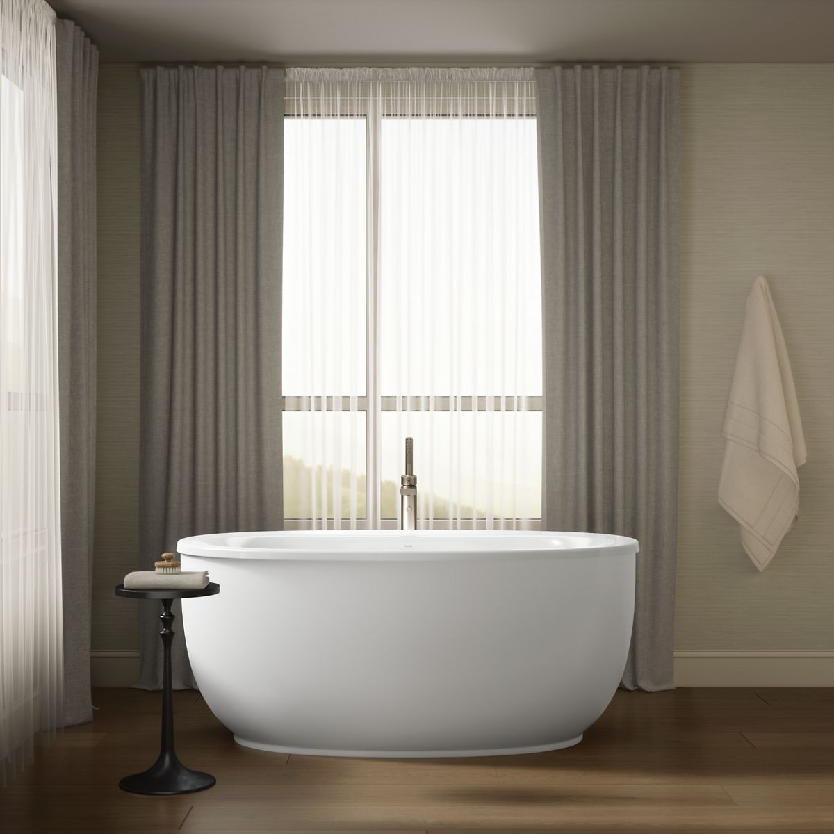 KOHLER K-24002-W1 Sunstruck 60" x 34" freestanding bath with Bask heated surface and fluted shroud