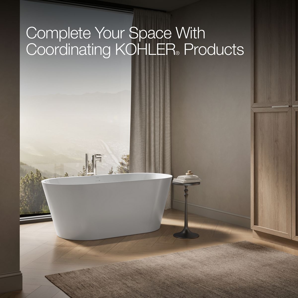 KOHLER K-25165 Evok 66" x 30" freestanding bath with center toe-tap drain