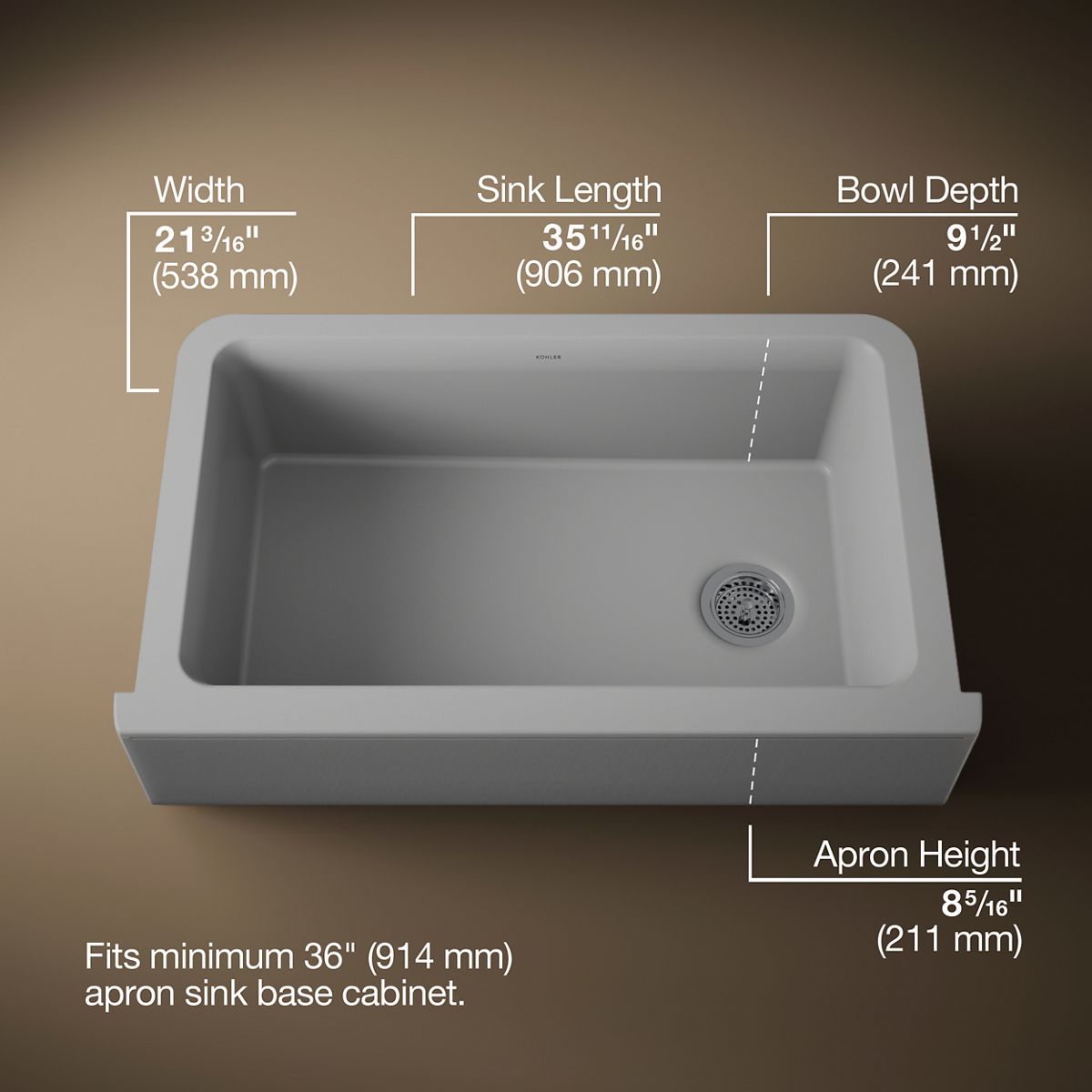 KOHLER K-25786 Cairn 34" undermount single-bowl farmhouse kitchen sink