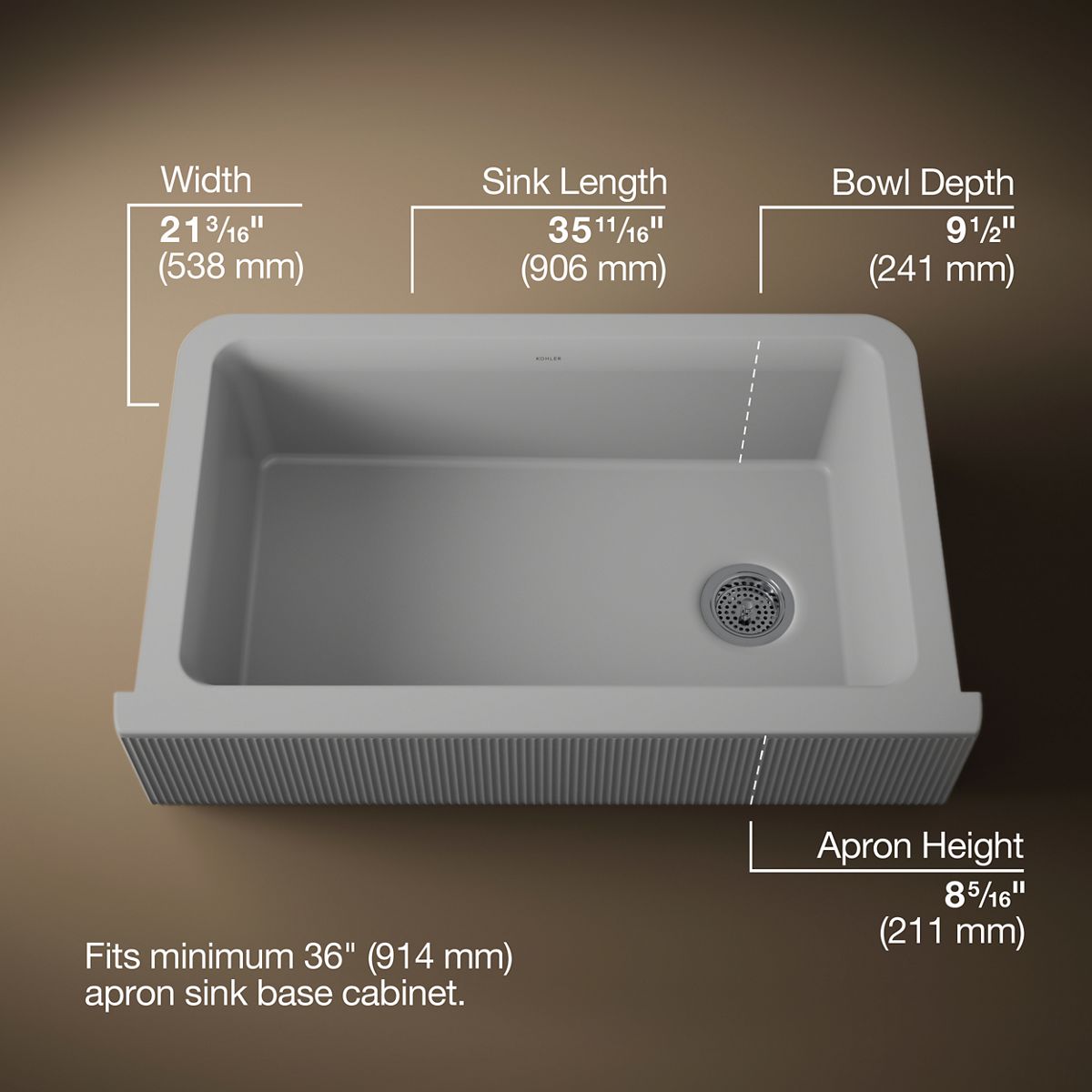 KOHLER K-25788 Cairn 34" undermount single-bowl farmhouse kitchen sink with fluted design