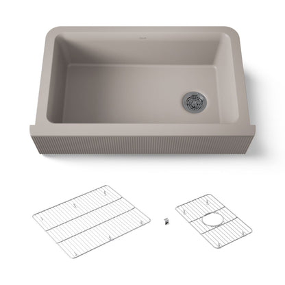 KOHLER K-25788 Cairn 34" undermount single-bowl farmhouse kitchen sink with fluted design