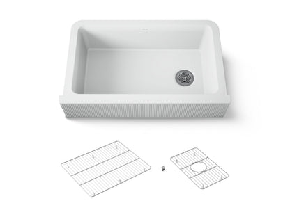KOHLER K-25788 Cairn 34" undermount single-bowl farmhouse kitchen sink with fluted design