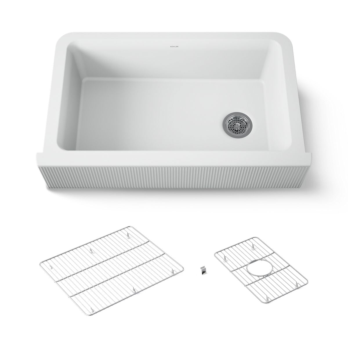 KOHLER K-25788 Cairn 34" undermount single-bowl farmhouse kitchen sink with fluted design