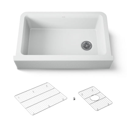 KOHLER K-25788 Cairn 34" undermount single-bowl farmhouse kitchen sink with fluted design