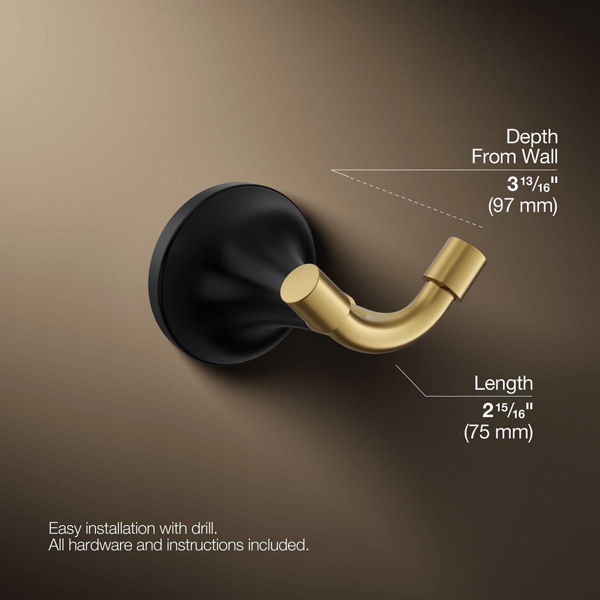 KOHLER K-27427 Tone Robe hook, matte black with brushed moderne brass - view 4