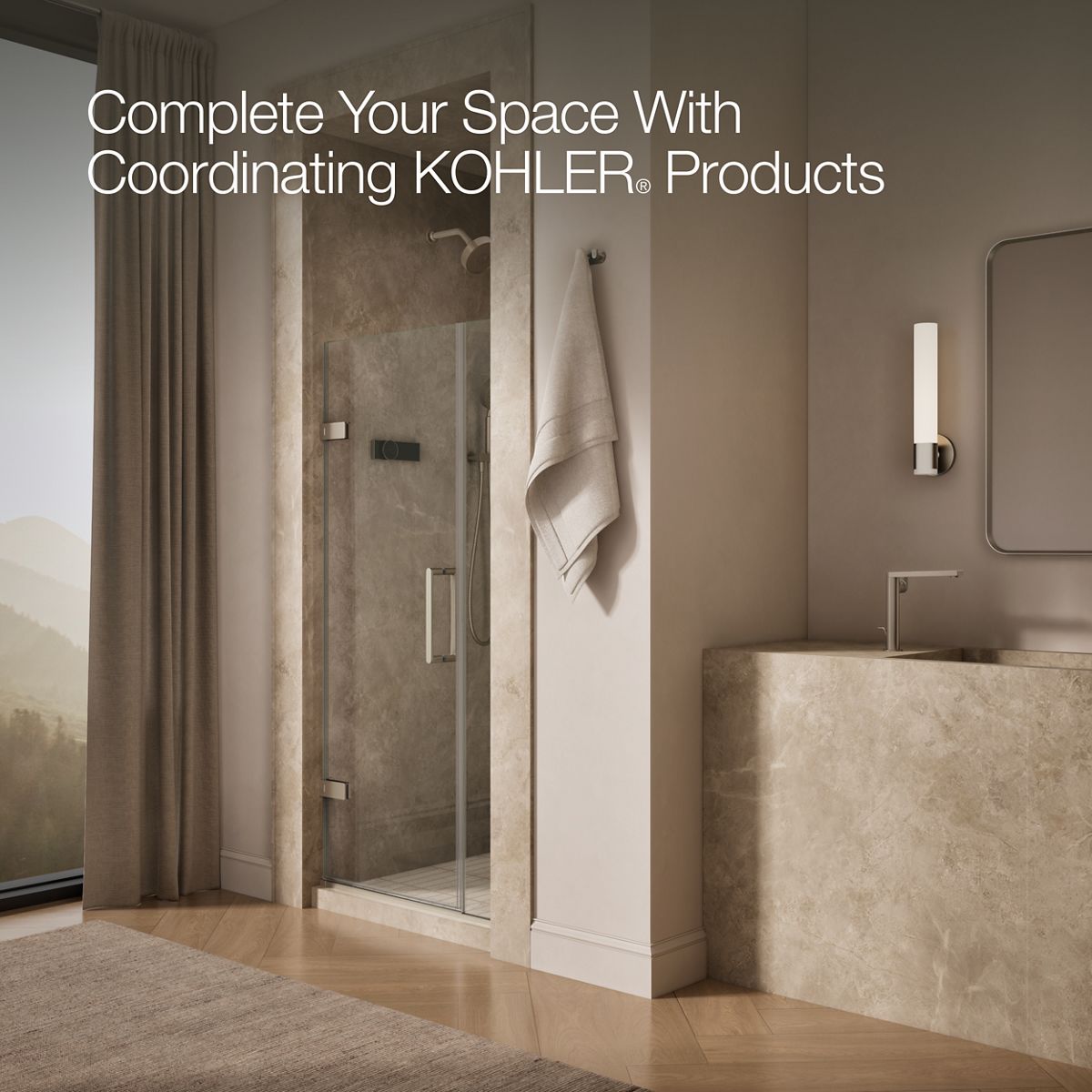 KOHLER K-27588-10L Composed 33-5/8"??ç??34-3/8" W x 71-1/2" H frameless pivot shower door with 3/8" Crystal Clear glass and back-to-back vertical door pulls