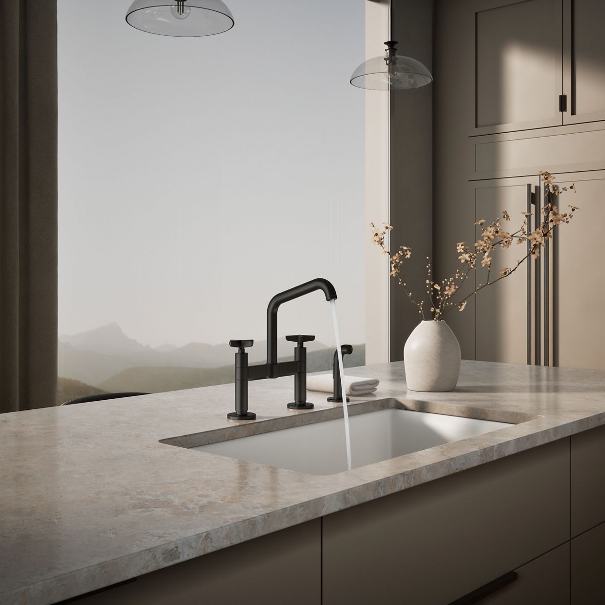 KOHLER Billet™ Two-hole bridge kitchen sink faucet with side sprayer