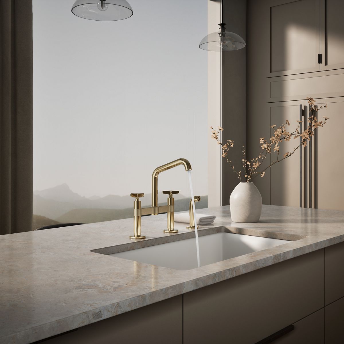 KOHLER Billet™ Two-hole bridge kitchen sink faucet with side sprayer