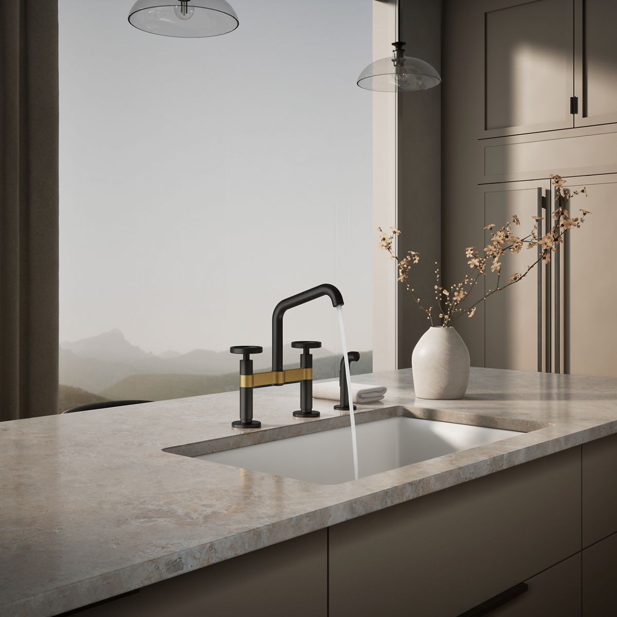 KOHLER Billet™ Two-hole bridge kitchen sink faucet with side sprayer