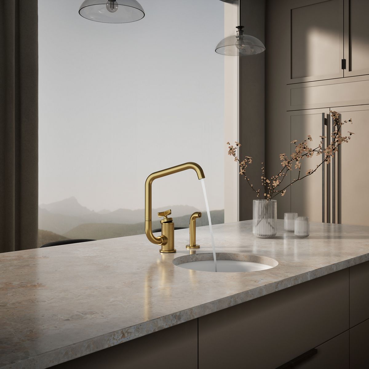 KOHLER Billet™ Single-handle bar sink faucet with two-function extended-reach spout and side sprayer
