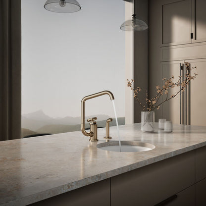 KOHLER Billet™ Single-handle bar sink faucet with two-function extended-reach spout and side sprayer