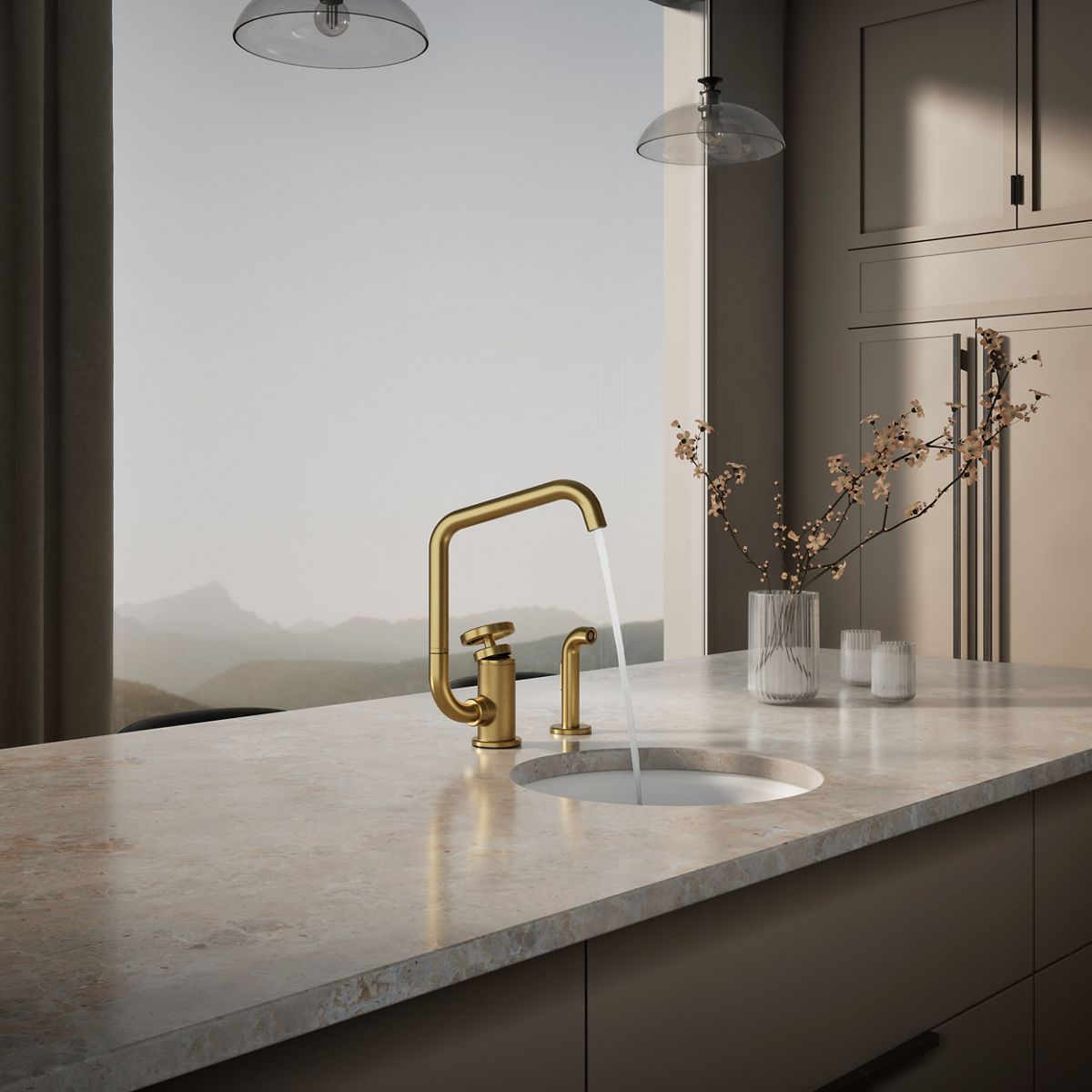 KOHLER Billet™ Single-handle bar sink faucet with two-function extended-reach spout and side sprayer