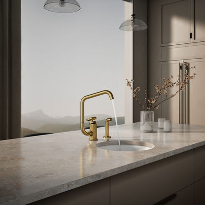 KOHLER Billet™ Single-handle bar sink faucet with two-function extended-reach spout and side sprayer