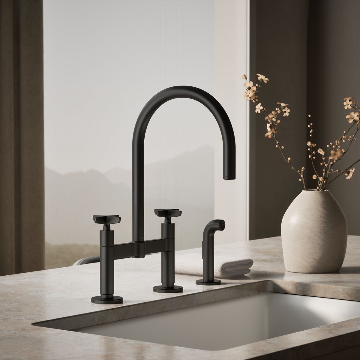 KOHLER Billet™ Two-hole bridge kitchen sink faucet with side sprayer