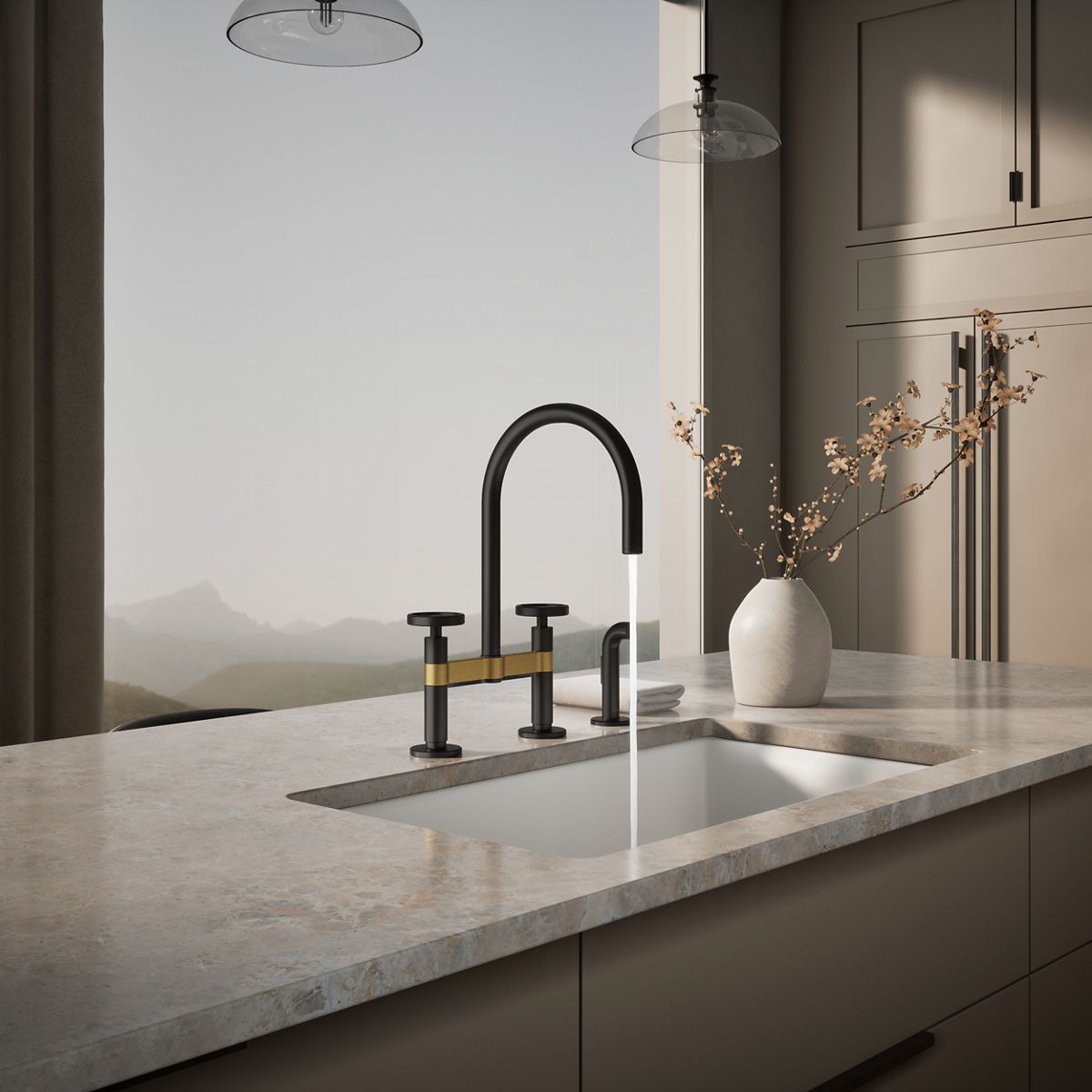 KOHLER Billet™ Two-hole bridge kitchen sink faucet with side sprayer
