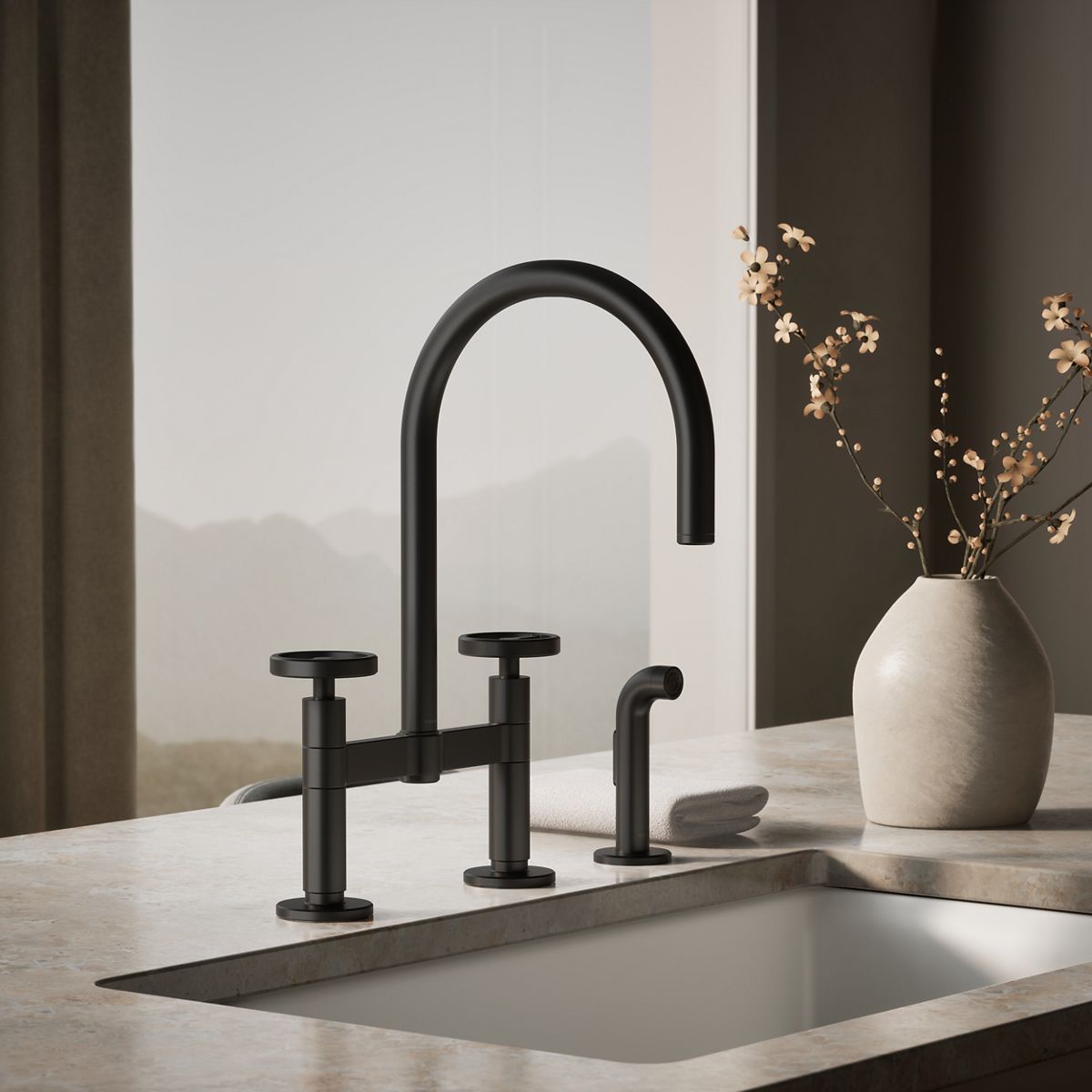 KOHLER Billet™ Two-hole bridge kitchen sink faucet with side sprayer