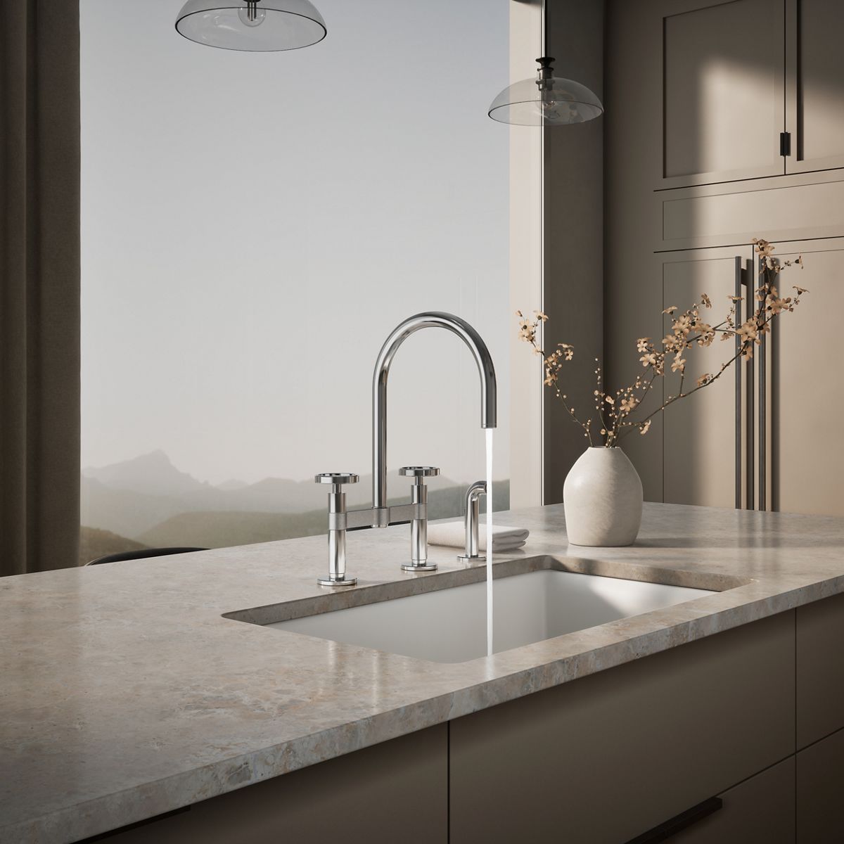 KOHLER Billet™ Two-hole bridge kitchen sink faucet with side sprayer