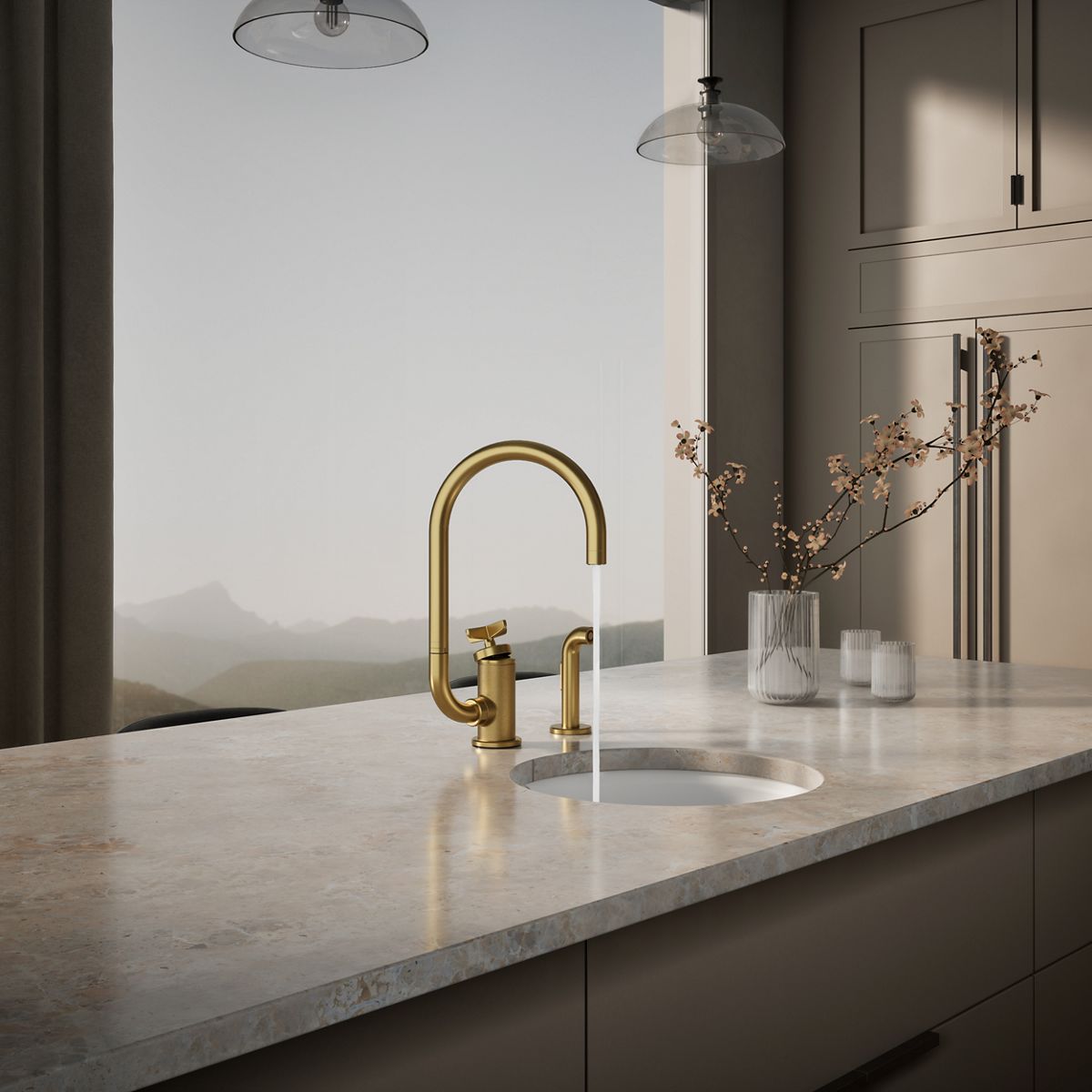 KOHLER Billet™ Single-handle bar sink faucet with two-function extended-reach spout and side sprayer