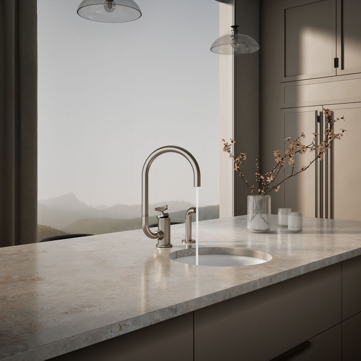 KOHLER Billet™ Single-handle bar sink faucet with two-function extended-reach spout and side sprayer