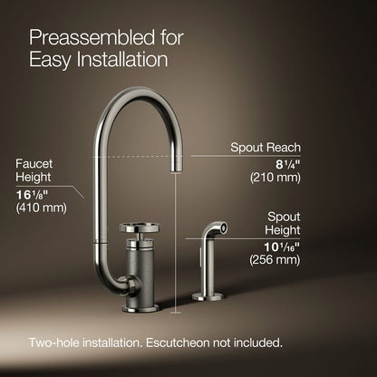 KOHLER Billet™ Single-handle bar sink faucet with two-function extended-reach spout and side sprayer