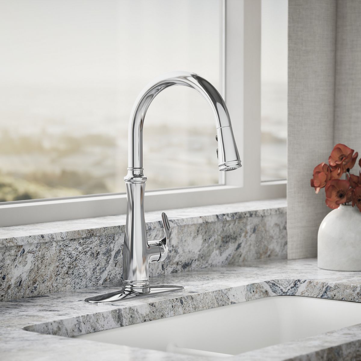 KOHLER K-29108 Bellera Touchless pull-down kitchen sink faucet with three-function sprayhead