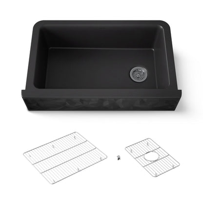 KOHLER K-29825 Cairn 34" undermount single-bowl farmhouse kitchen sink with faceted design