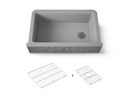KOHLER K-29825 Cairn 34" undermount single-bowl farmhouse kitchen sink with faceted design