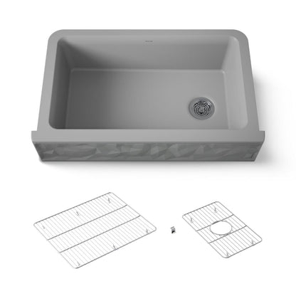 KOHLER K-29825 Cairn 34" undermount single-bowl farmhouse kitchen sink with faceted design
