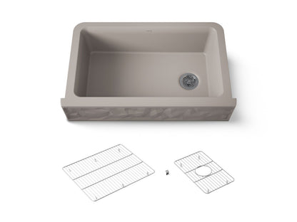 KOHLER K-29825 Cairn 34" undermount single-bowl farmhouse kitchen sink with faceted design