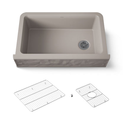 KOHLER K-29825 Cairn 34" undermount single-bowl farmhouse kitchen sink with faceted design