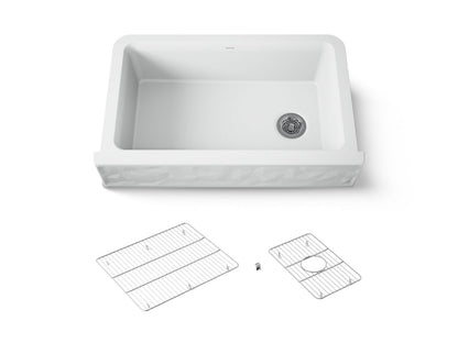 KOHLER K-29825 Cairn 34" undermount single-bowl farmhouse kitchen sink with faceted design
