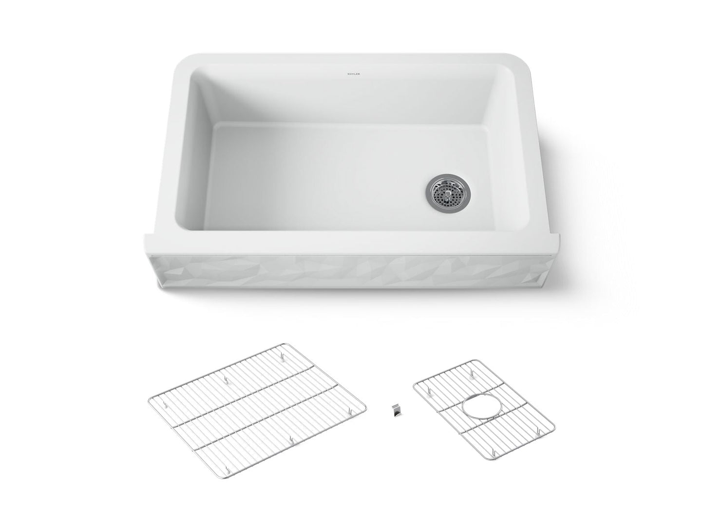 KOHLER K-29825 Cairn 34" undermount single-bowl farmhouse kitchen sink with faceted design