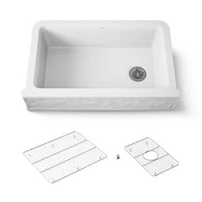 KOHLER K-29825 Cairn 34" undermount single-bowl farmhouse kitchen sink with faceted design