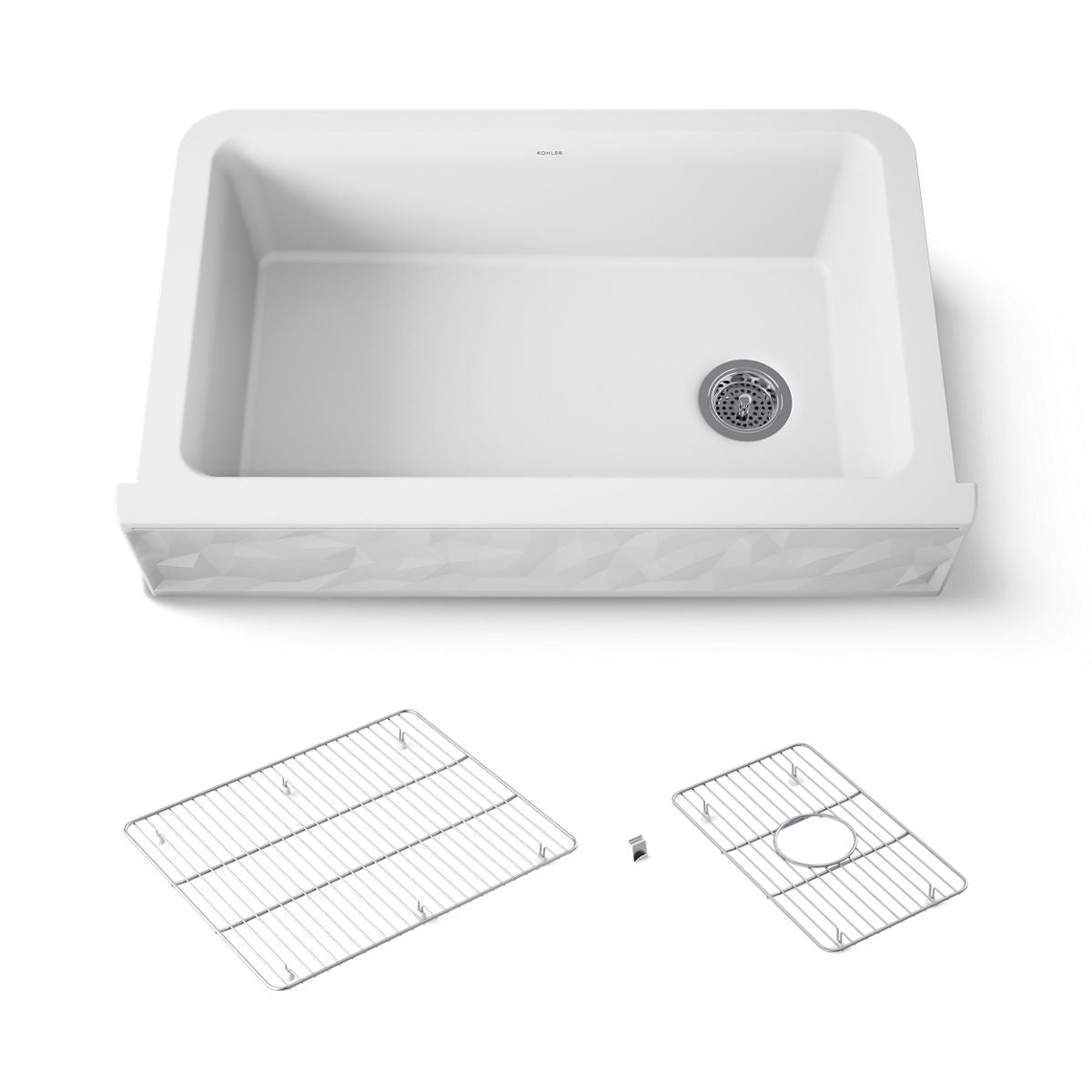 KOHLER K-29825 Cairn 34" undermount single-bowl farmhouse kitchen sink with faceted design