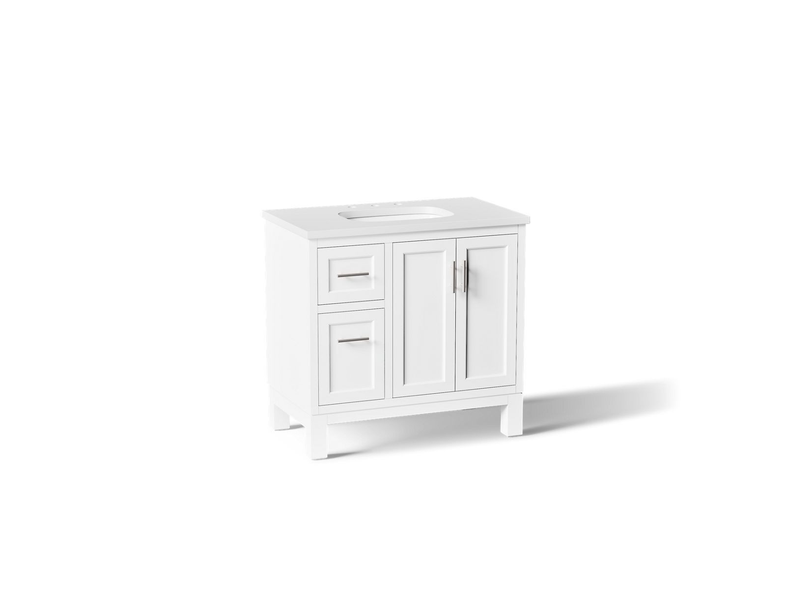 KOHLER K-31244-ASB Quo 36" Bathroom Vanity Cabinet with Sink and Quartz Top, White - 3/4 view of product