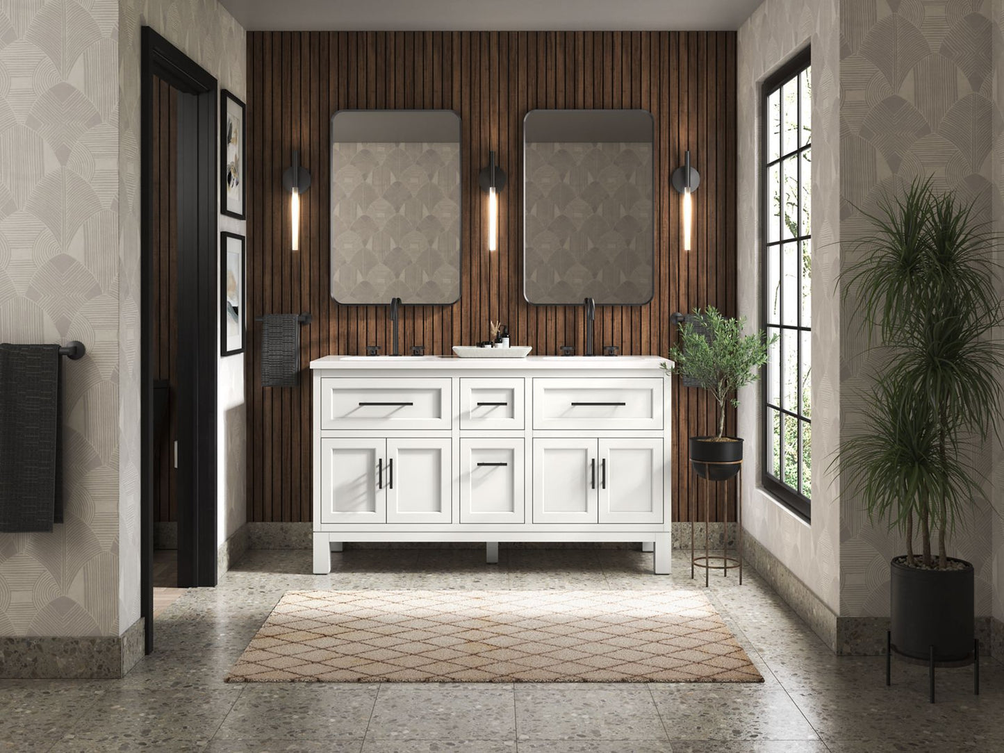 KOHLER K-31246-ASB Quo 60" bathroom vanity cabinet with sinks and quartz top