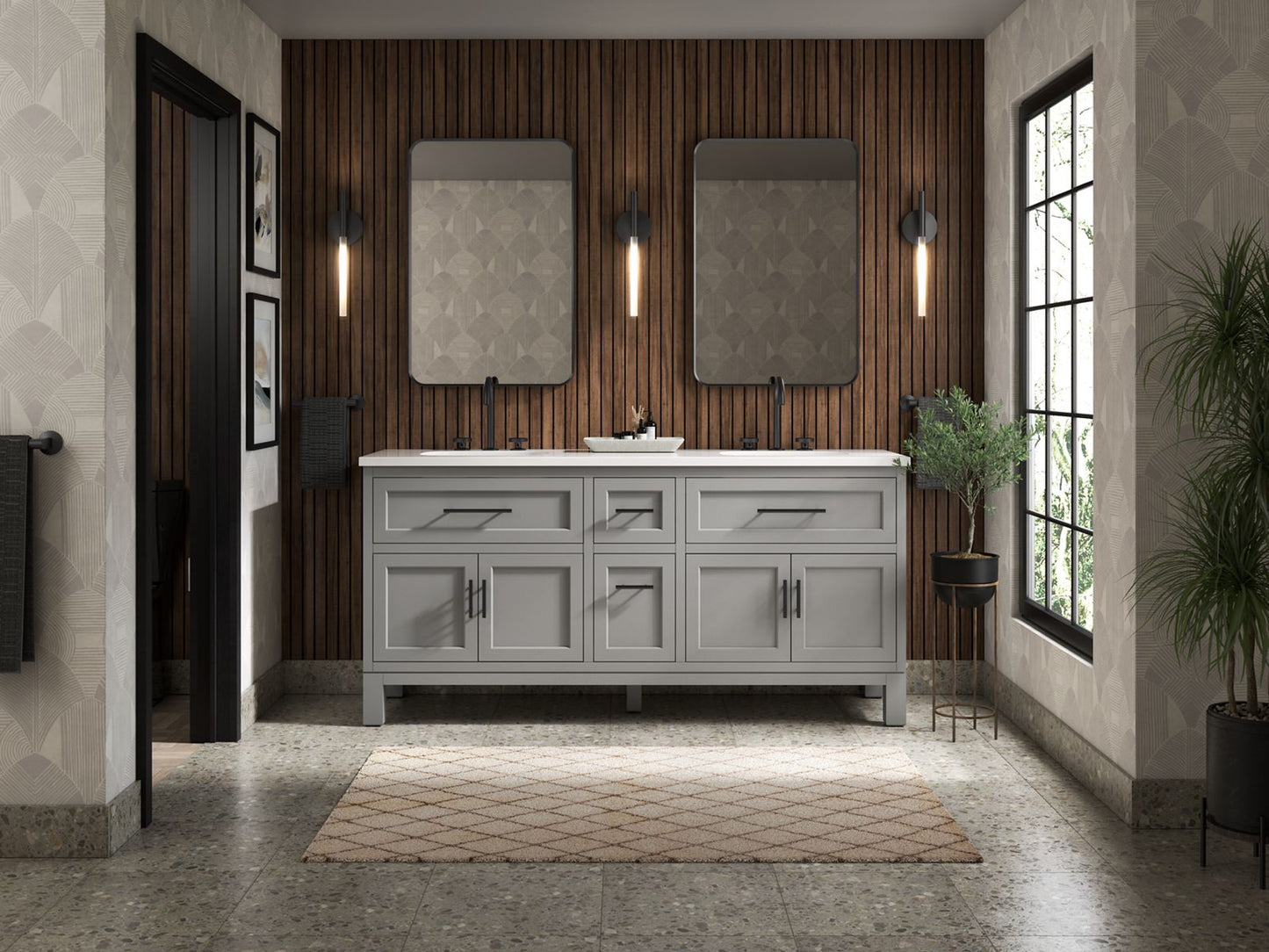 KOHLER K-31247-ASB Quo 72" bathroom vanity cabinet with sinks and quartz top