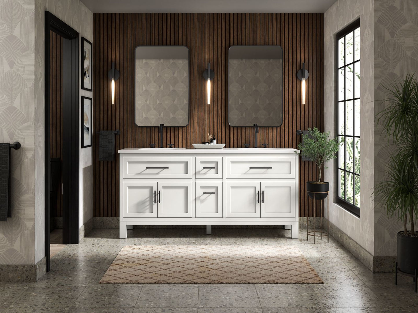 KOHLER K-31247-ASB Quo 72" bathroom vanity cabinet with sinks and quartz top