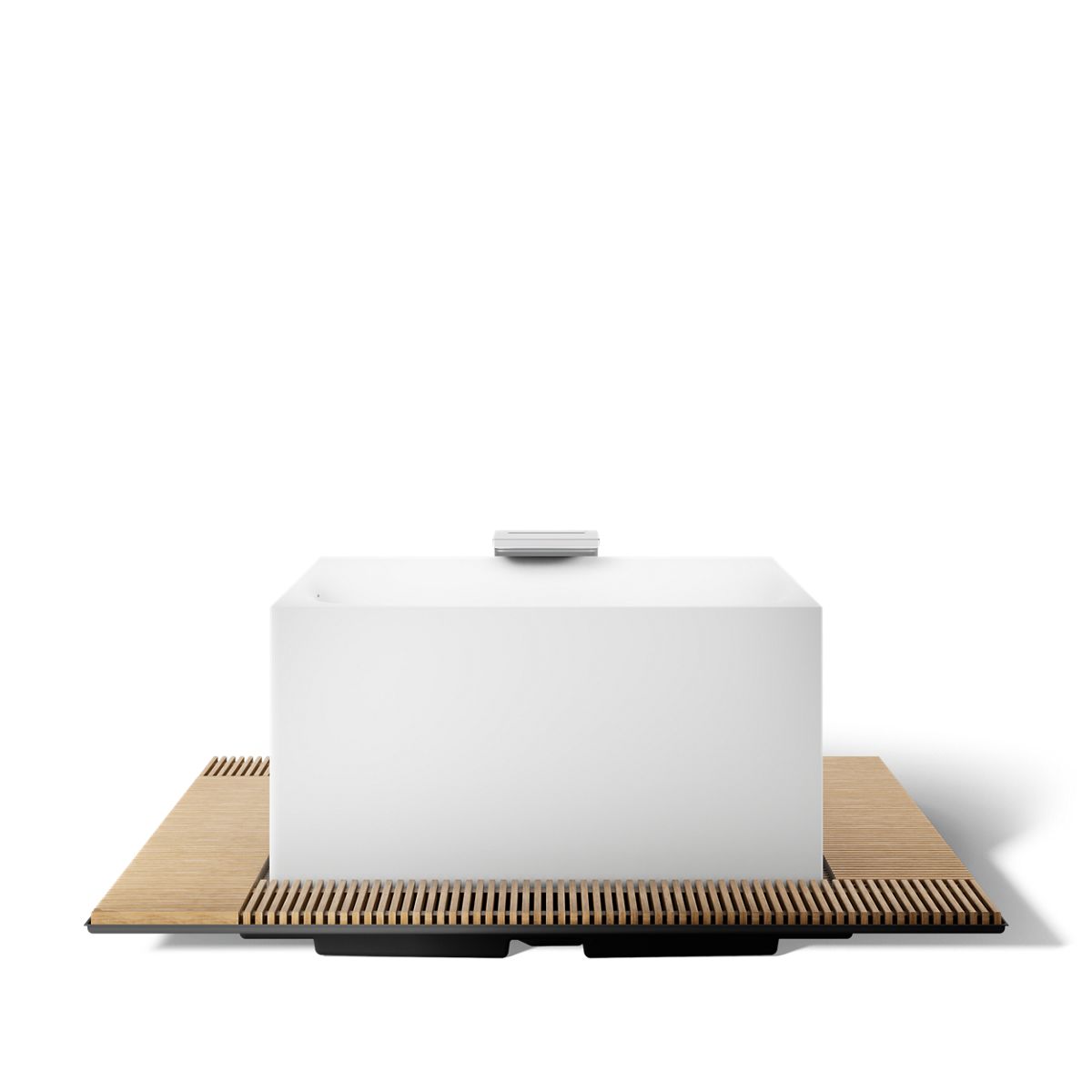 KOHLER K-31405-INF Stillness Infinity Experience 72" x 72" Freestanding Bath, Honed White - front view of product