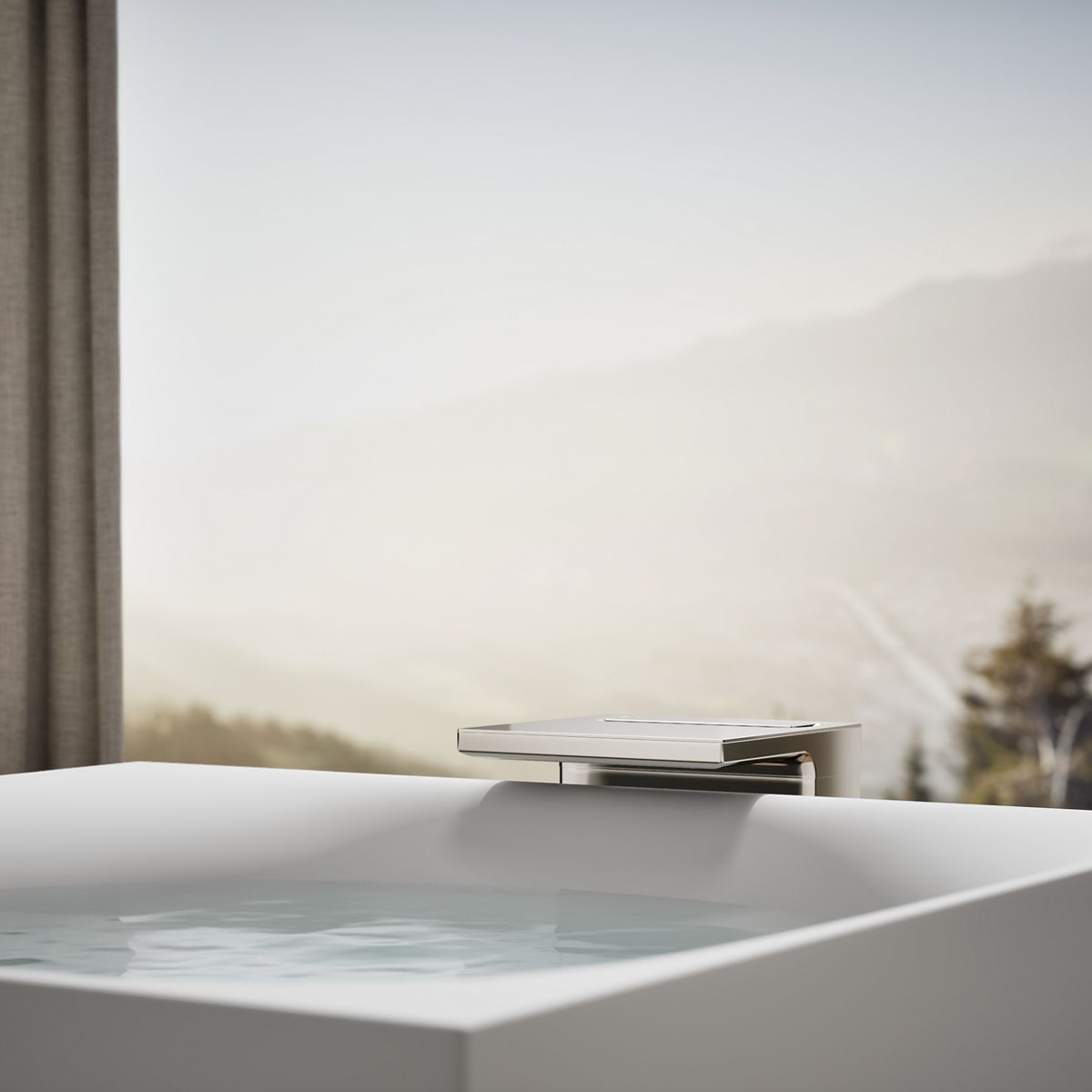 KOHLER K-31405-INF Stillness Infinity Experience 72" x 72" Freestanding Bath, Honed White - Shows close up detail of product 