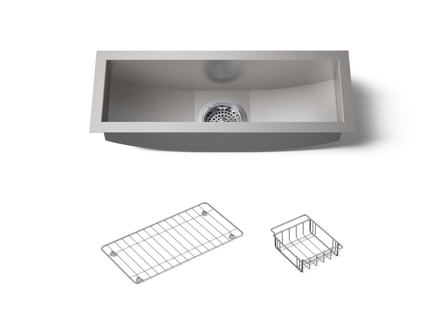KOHLER K-3154-NA Undertone 22" x 8-1/4" x 5-1/4" Undermount single-bowl trough kitchen sink, includes wire basket and rack