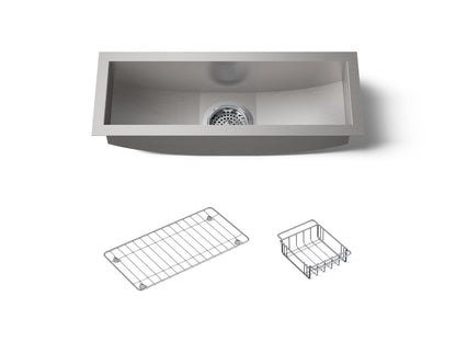 KOHLER K-3154-NA Undertone 22" x 8-1/4" x 5-1/4" Undermount single-bowl trough kitchen sink, includes wire basket and rack