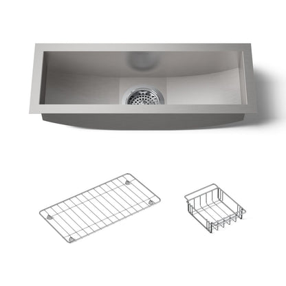 KOHLER K-3154-NA Undertone 22" x 8-1/4" x 5-1/4" Undermount single-bowl trough kitchen sink, includes wire basket and rack