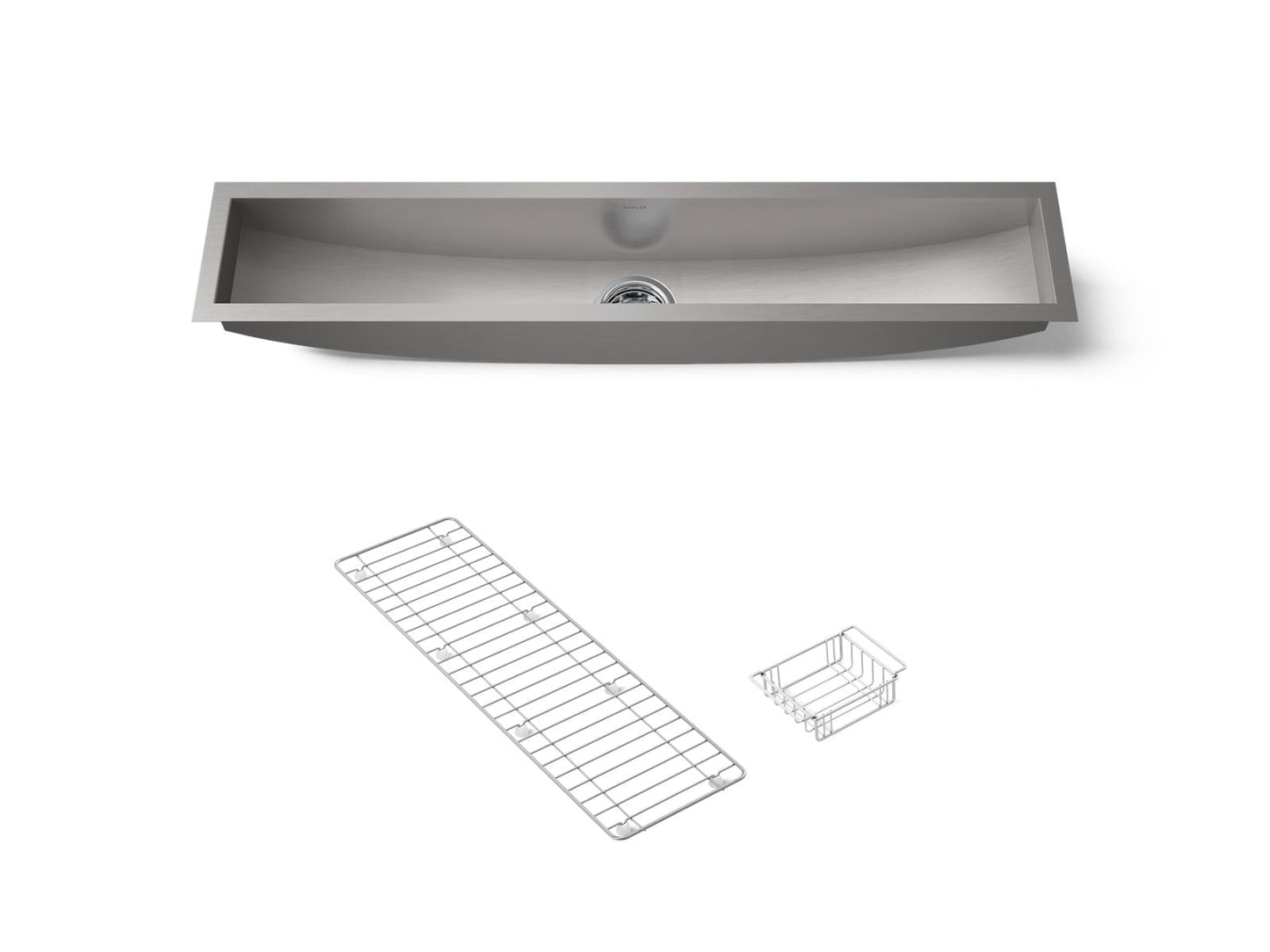 KOHLER K-3156-NA Undertone 43" x 8-1/4" x 6-5/16" Undermount single-bowl trough kitchen sink, includes wire basket and rack