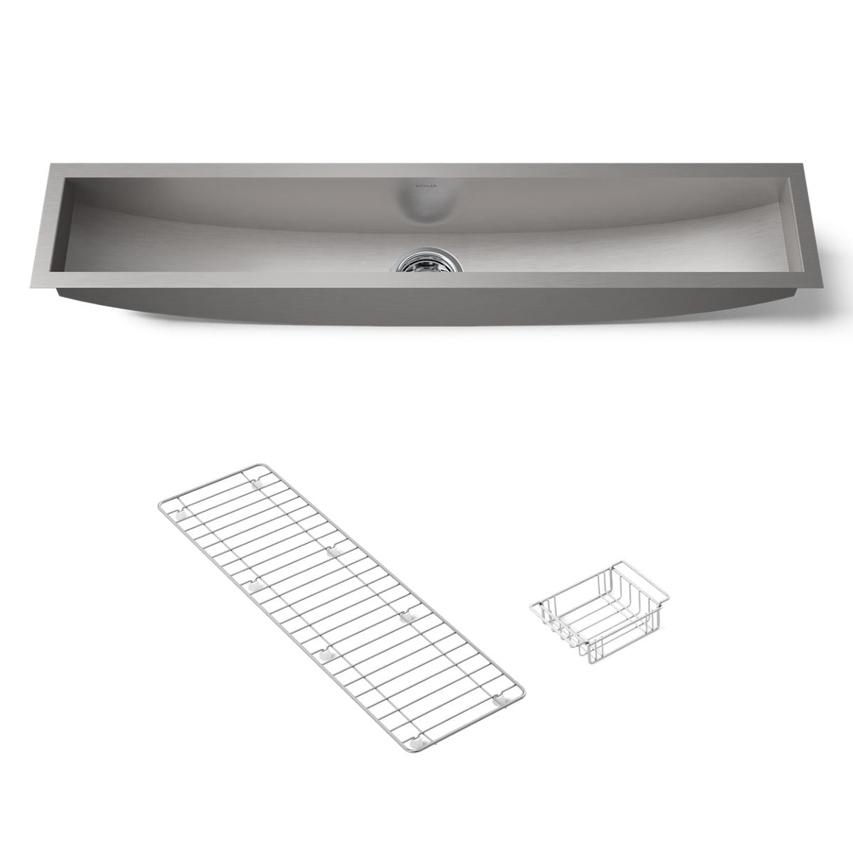 KOHLER K-3156-NA Undertone 43" x 8-1/4" x 6-5/16" Undermount single-bowl trough kitchen sink, includes wire basket and rack