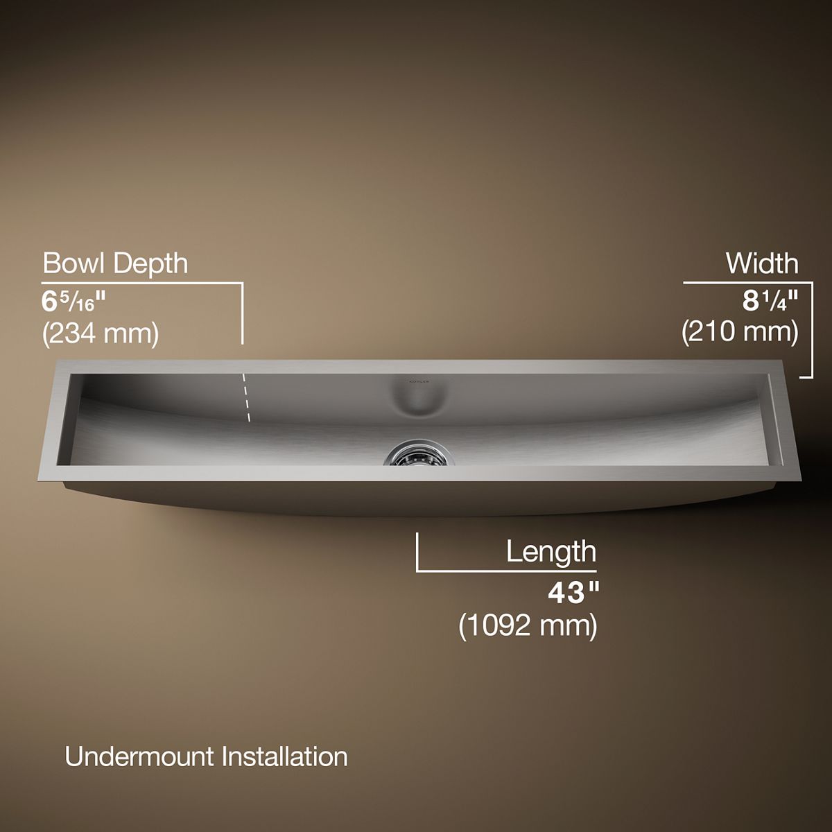 KOHLER K-3156-NA Undertone 43" x 8-1/4" x 6-5/16" Undermount single-bowl trough kitchen sink, includes wire basket and rack